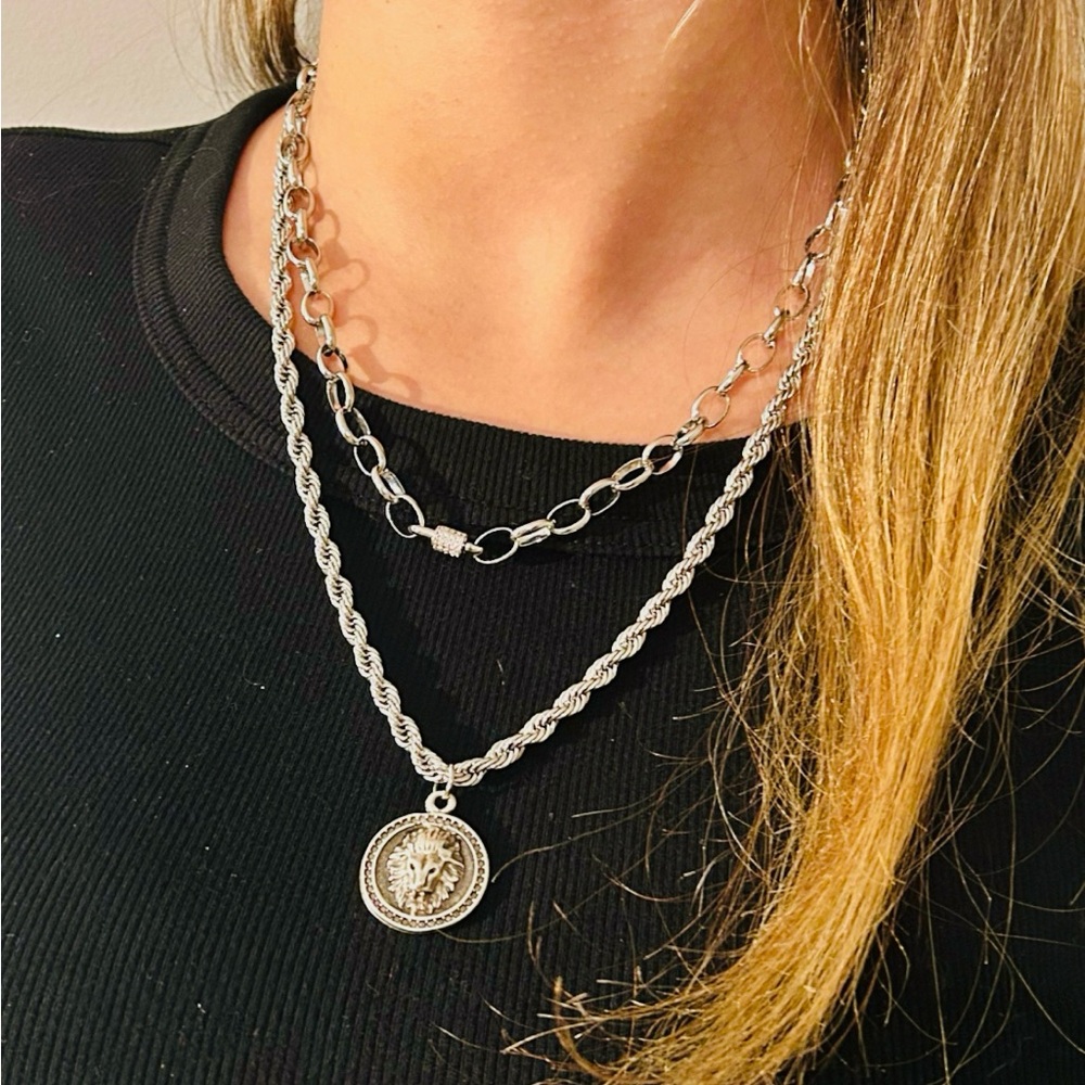 Silver Layered Necklace with Medallion Pendant